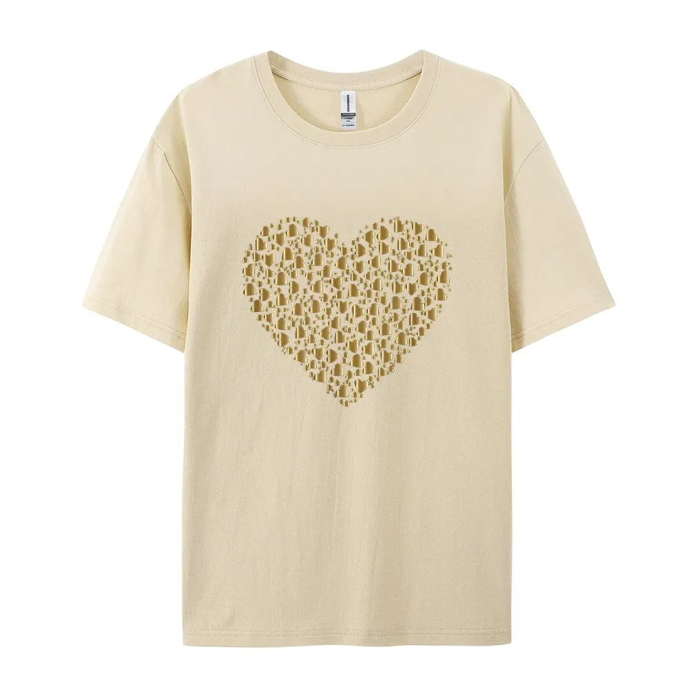 Women Valentine's Day Love Golden Heart Print Graphic T-shirt