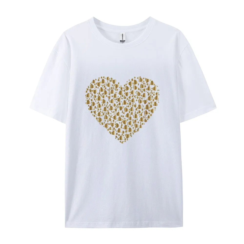 Women Valentine's Day Love Golden Heart Print Graphic T-shirt